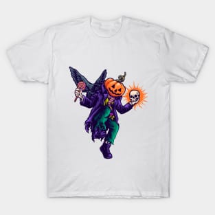 Halloween pumpkin head man with skull in hand T-Shirt